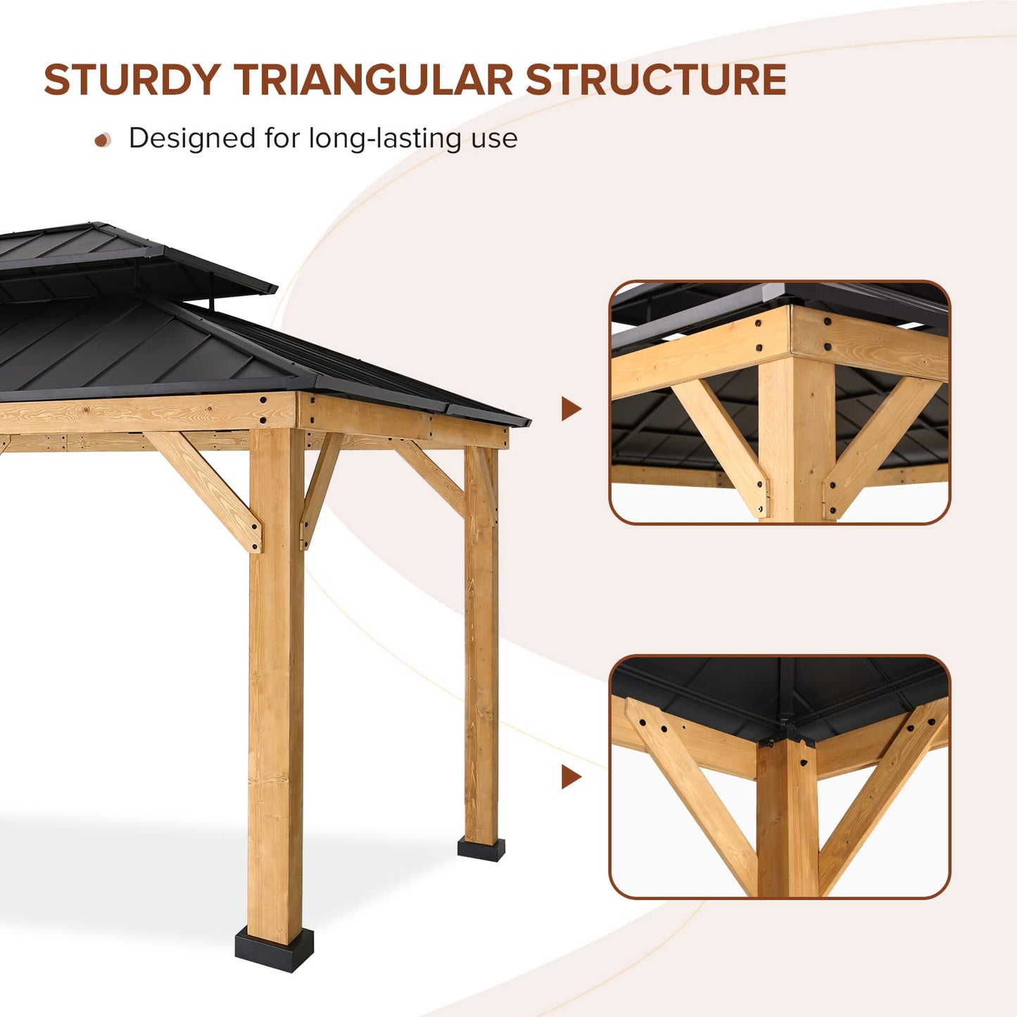 EAGLE PEAK 11x13 Hardtop Wood Gazebo, Outdoor Cedar Wood Frame Pavilion with Galvanized Steel Double Roof, for Garden, Patio, Backyard, Garden,