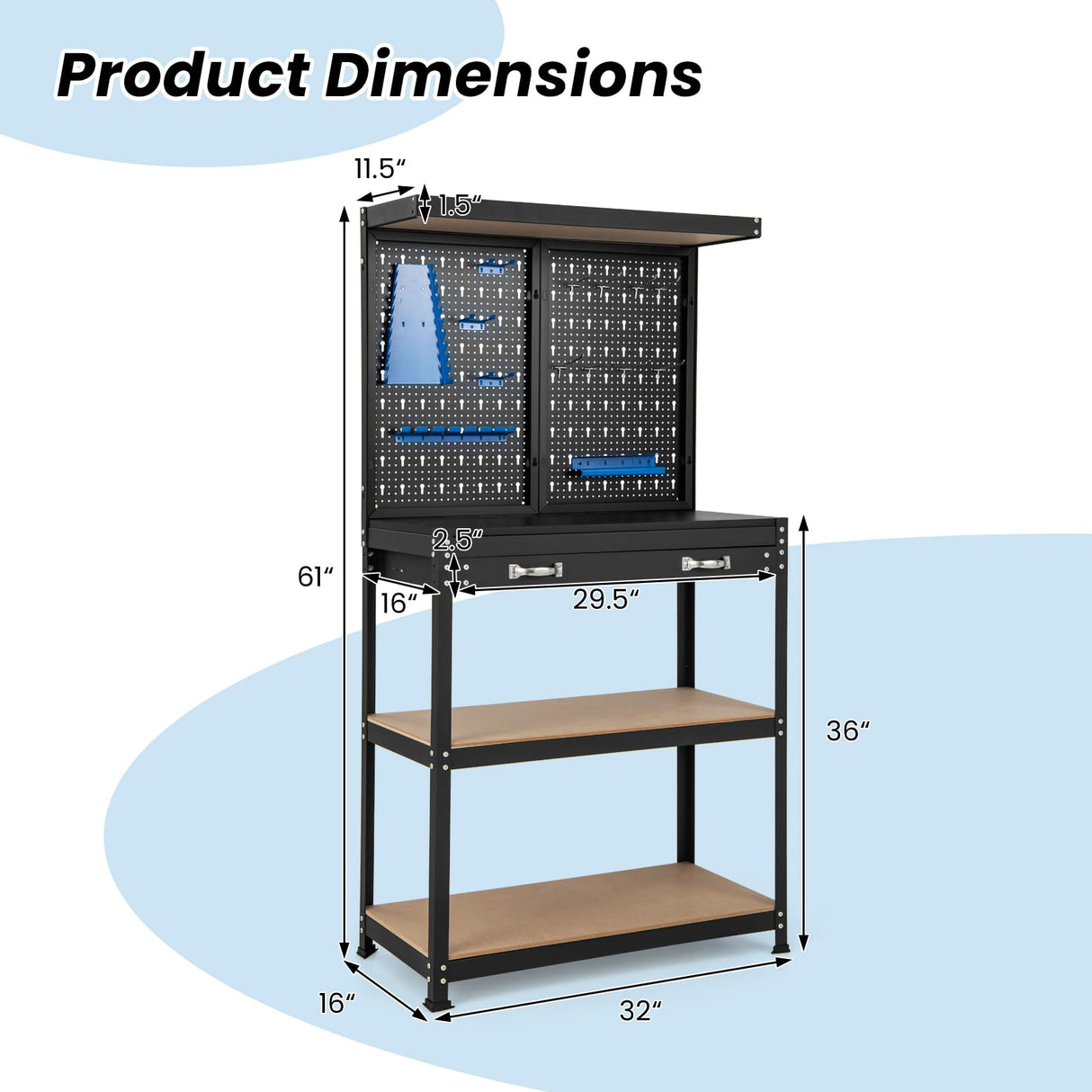 S AFSTAR Garage Workbench with Drawers, 32 x 16 Inches Tool Storage Workbench with Peg Board & 2 Lower Shelves, 14 Hanging Accessories, 220 LBS S AFSTAR