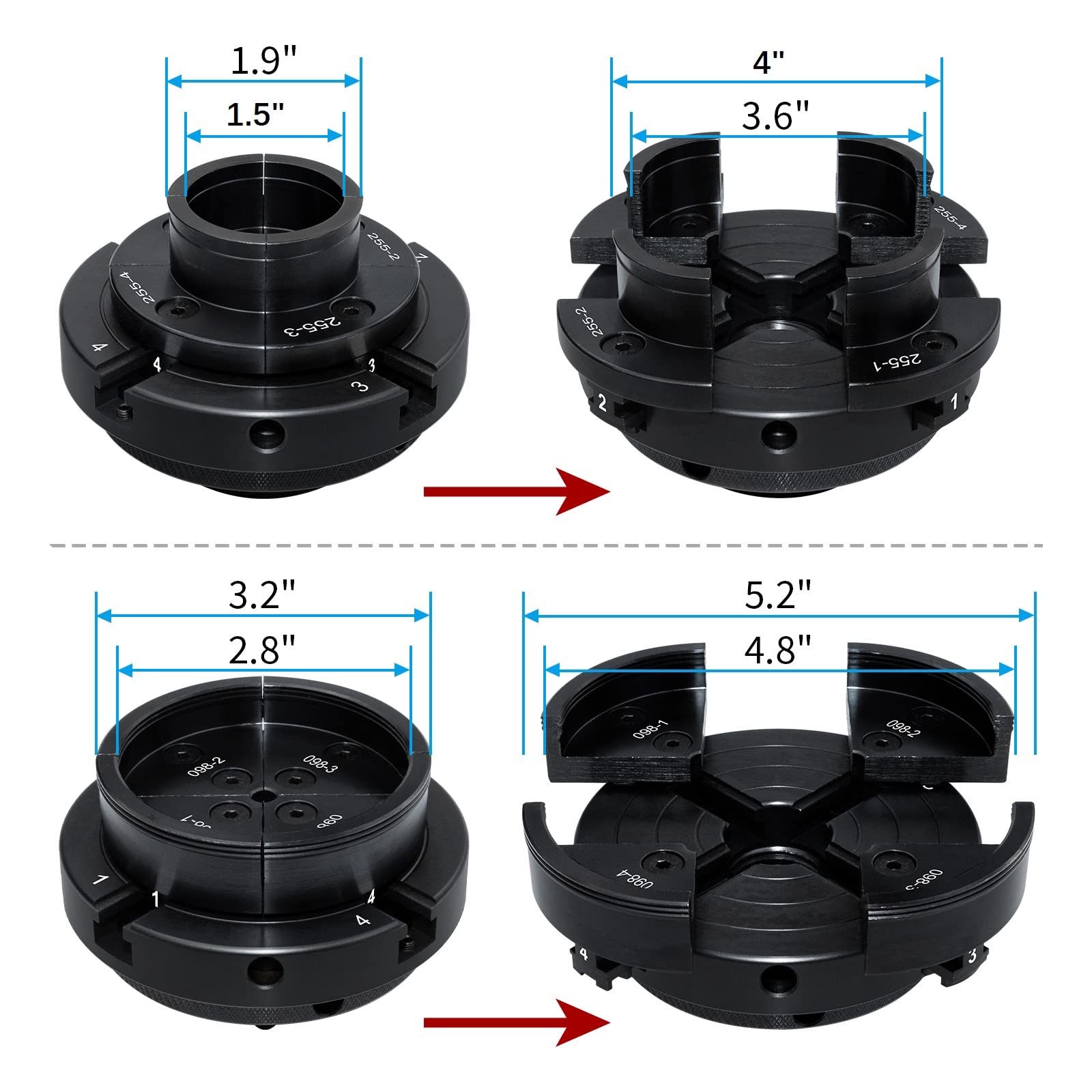 DEEFIINE 4 Inch Wood Lathe Chuck Set 1" x 8 tpi thread & 3/4"x16TPI Adapter, Self Centering 4 Jaw Wood Turning Chuck (2PCS jaws) Black - WoodArtSupply