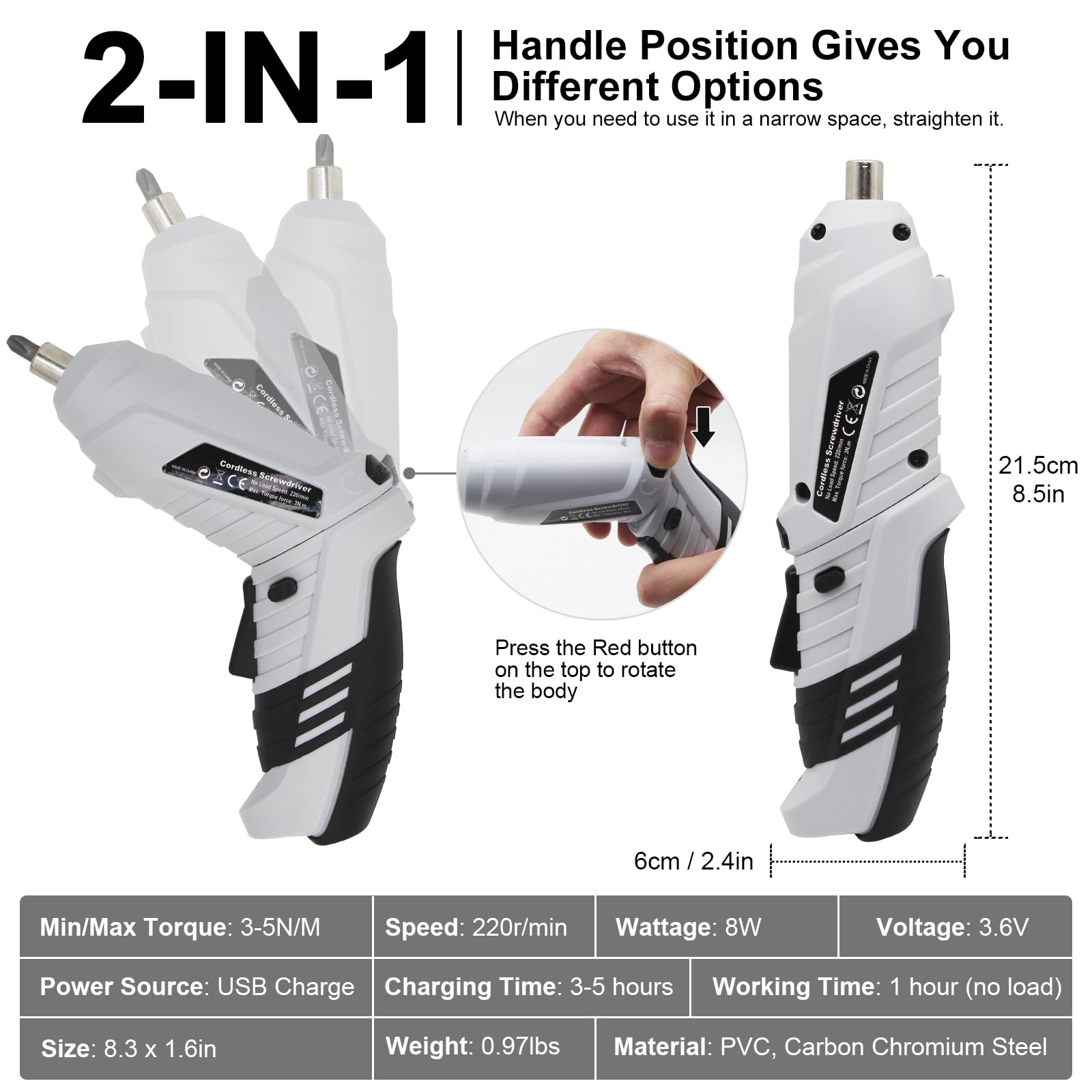 MQFORU Cordless Screwdriver，3.6V Rechargeable Electric Screwdriver Kit, 47 in 1 Portable Cordless Drills, Dual Position Handle with USB Cable LED - WoodArtSupply