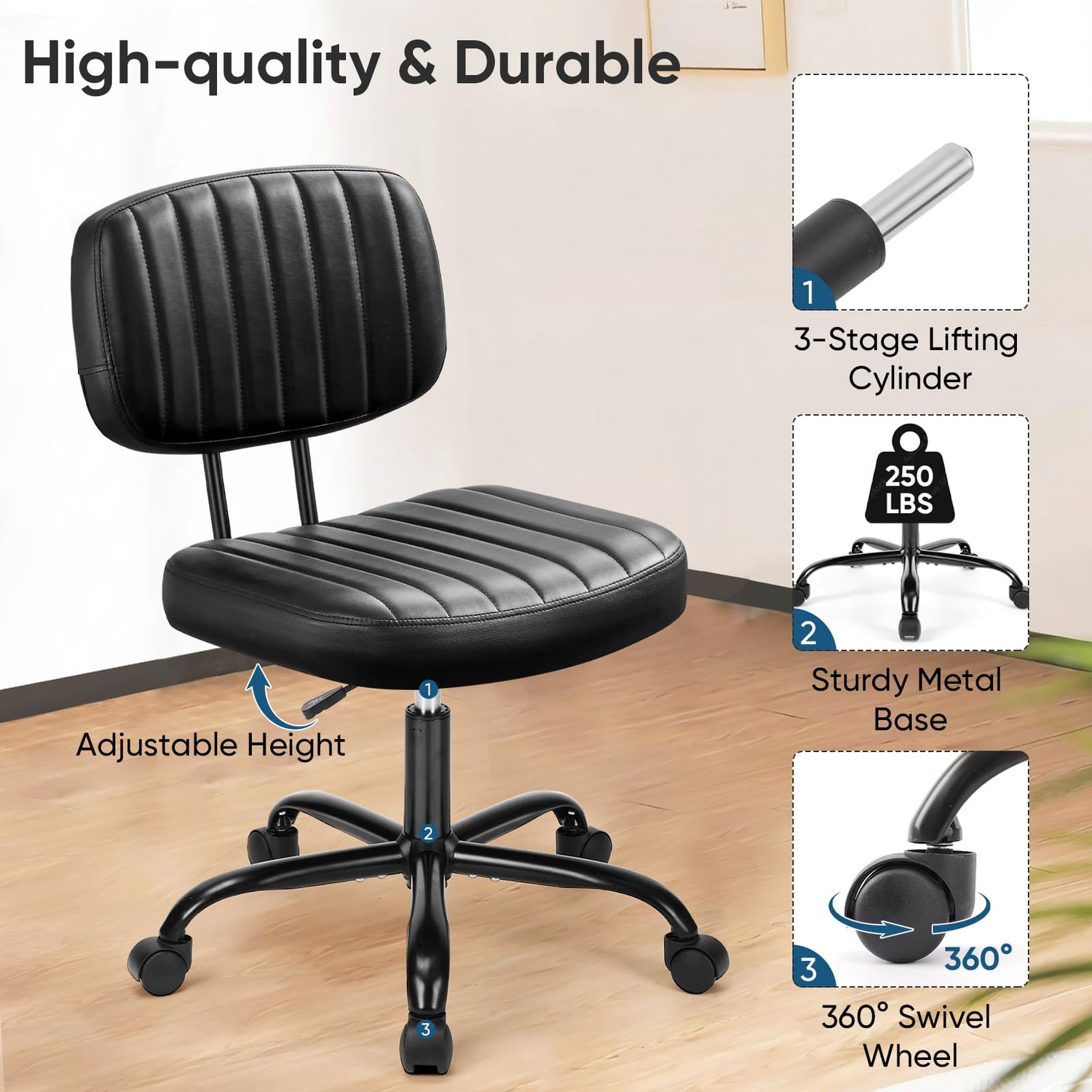 DUMOS Armless Home Office Chair Ergonomic Desk with Comfy Low Back Lumbar Support, Height Adjustable PU Leather Computer Task with 360° Swivel DUMOS