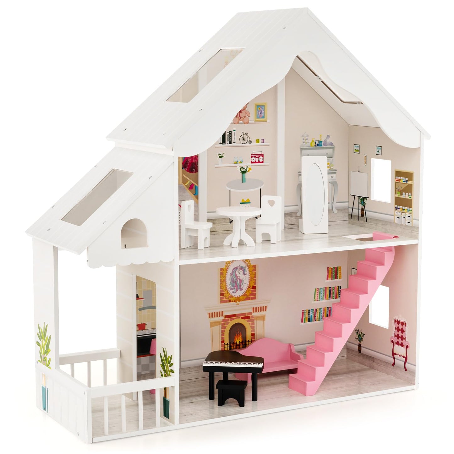 Costzon Kids Wooden Dollhouse, 2-in-1 Cottage Dollhouse Bookcase w/ 6 Rooms and Hidden Storage, 2 Tiers Pretend Toy Set w/ 8 PCS Furniture for