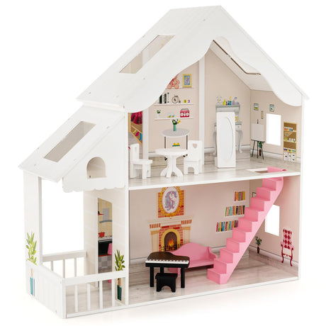 Costzon Kids Wooden Dollhouse, 2-in-1 Cottage Dollhouse Bookcase w/ 6 Rooms and Hidden Storage, 2 Tiers Pretend Toy Set w/ 8 PCS Furniture for Costzon