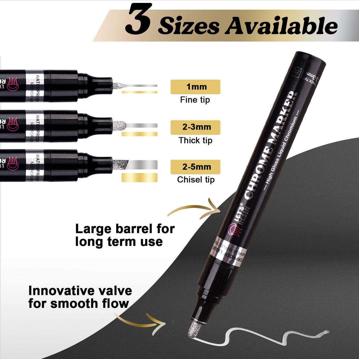 LET'S RESIN 6Pcs Mirror Chrome Markers,3 Sizes Available Metallic Permanent Markers(Fine,Chisel,Round) with Large Barrel,High-gloss Silver & Gold LET'S RESIN