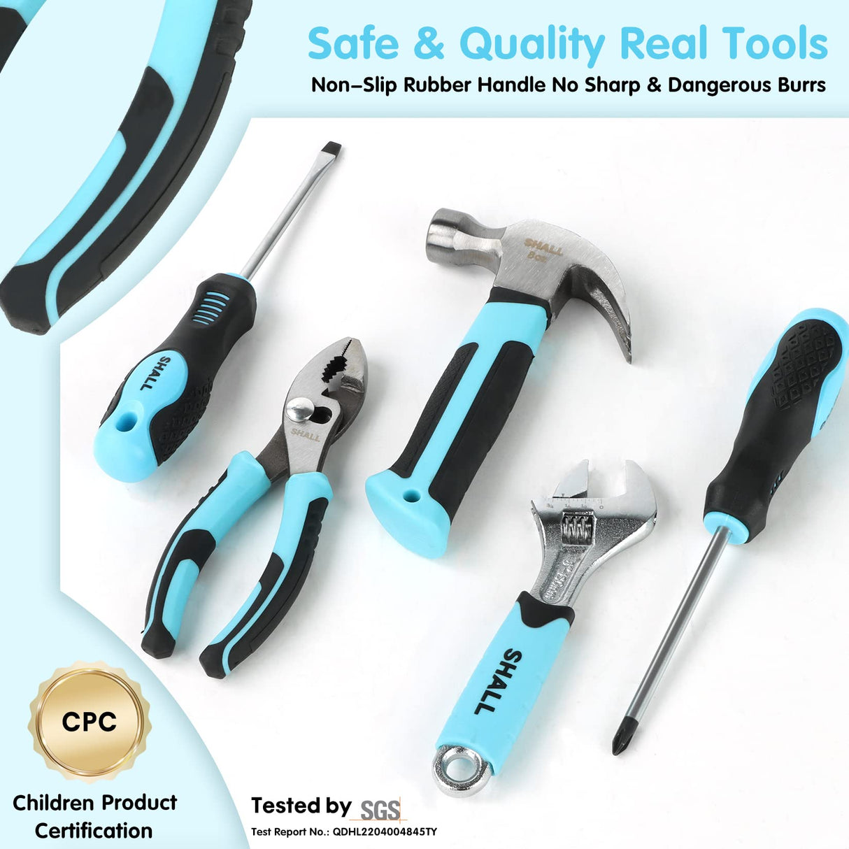 SHALL 26-Piece Kids Size Tool Set, Real Tools Kit for Kids with 12" Tool Bag, Safety Certified Children Learning Tool Set with Hand Tools for Boys & SHALL