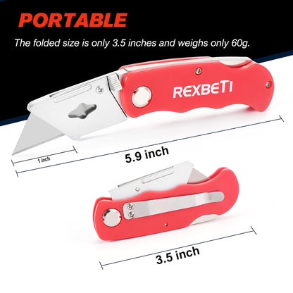 REXBETI 4-Pack Folding Utility Knife Quick-change SK5 Box Cutter for Cartons, Cardboard and Boxes, Back-lock Mechanism with 10 Extra Blades
