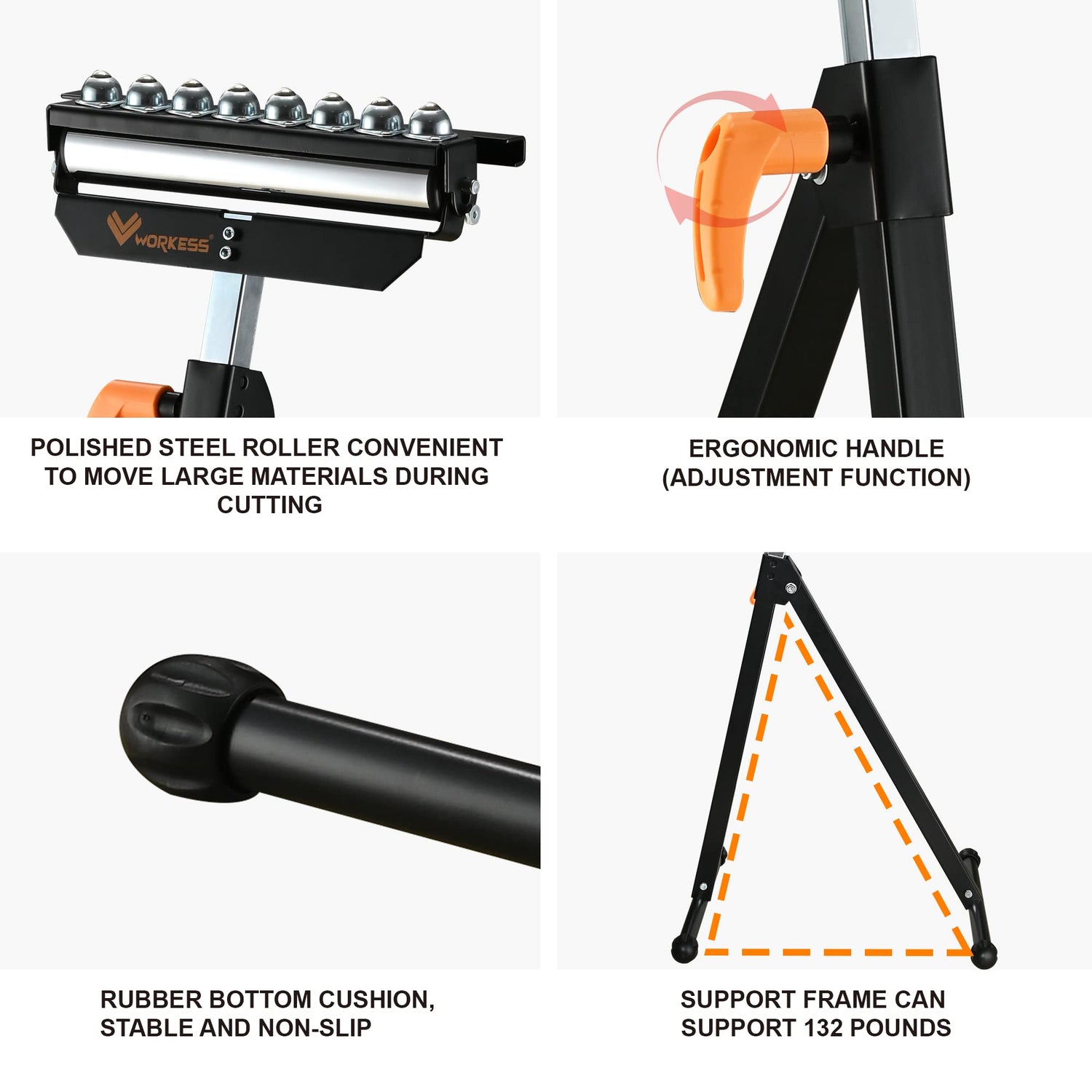 WORKESS 3 in 1 Roller Stand for Woodworking, Stable 132 Lbs Load Capacity Outfeed Roller Stand Adjustable Height 27”- 43”, Folds Easily for Portable WORKESS