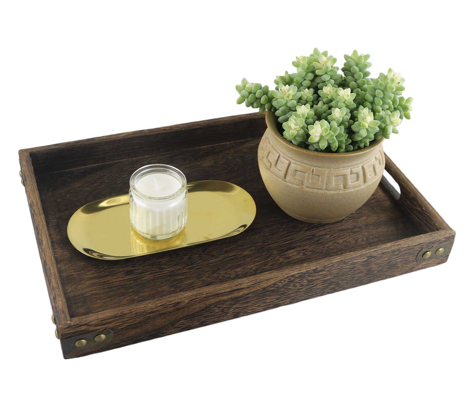 14 Inches Wooden Serving Tray with Handles, Rustic Paulownia Wood Coffee Table Tray - WoodArtSupply