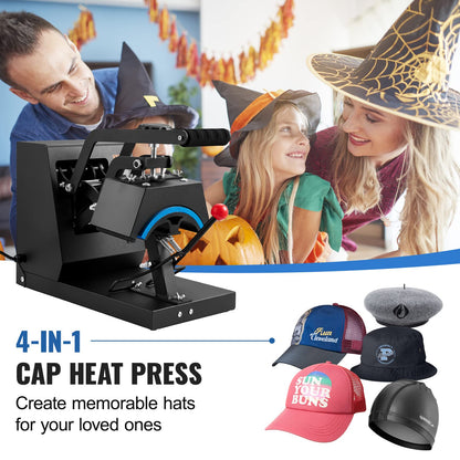 VEVOR Hat Heat Press, 4-in-1 Cap Heat Press Machine, 6x3inches Clamshell Sublimation Transfer, LCD Digital Timer Temperature Control with 4pcs Curved