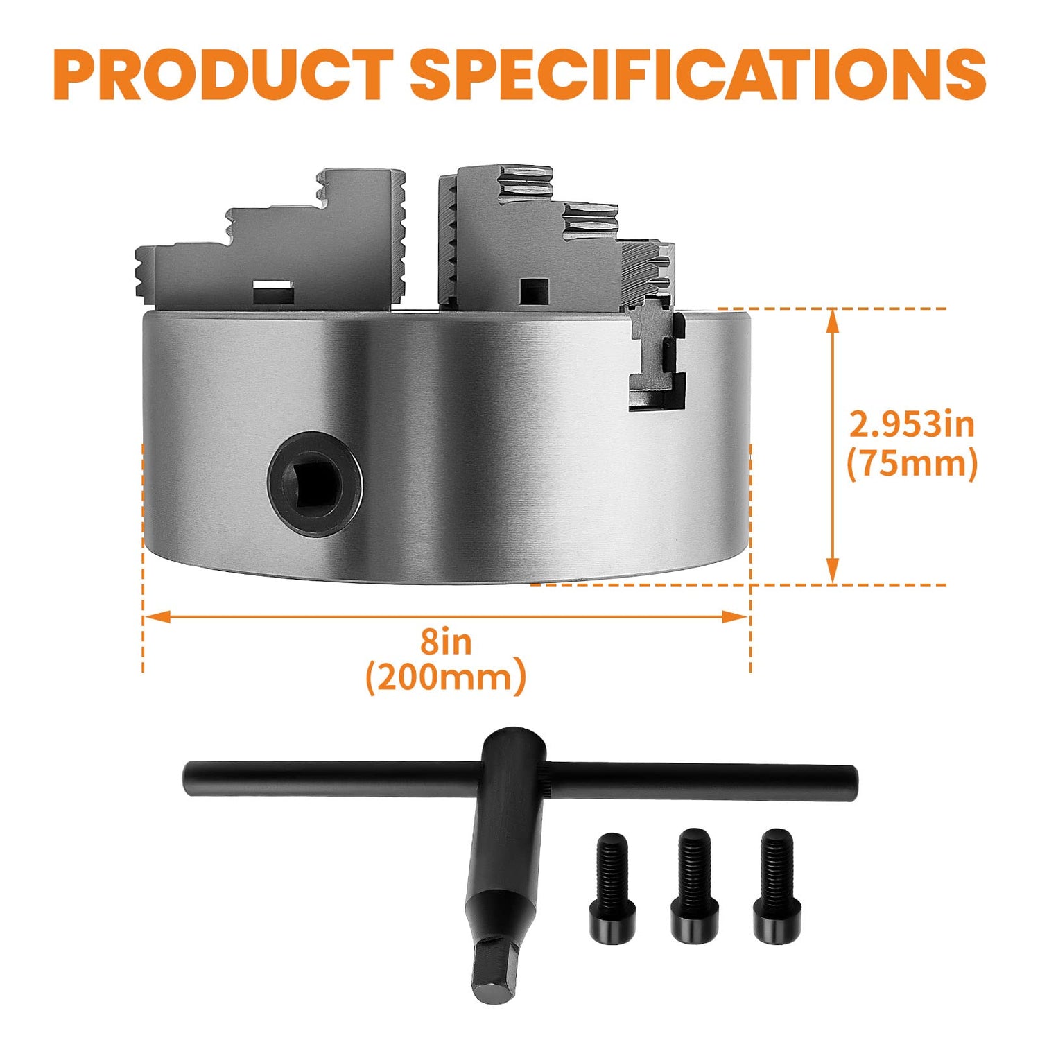 maXpeedingrods 8" 3-Jaw Lathe Chuck, K11-200A Self Centering Chuck, with T-key Fixing Screws Hexagon Wrench, Internal External Grinding for Lathe 3D maXpeedingrods