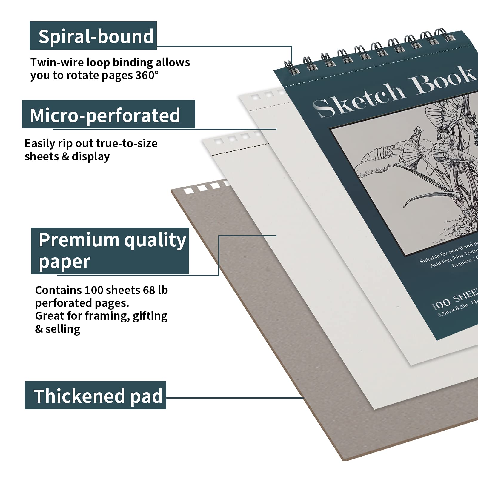 5.5" x 8.5" Sketchbook Set, Top Spiral Bound Sketch Pad, 2 Packs 100-Sheets Each (68lb/100gsm), Acid Free Art Sketch Book Artistic Drawing Painting - WoodArtSupply