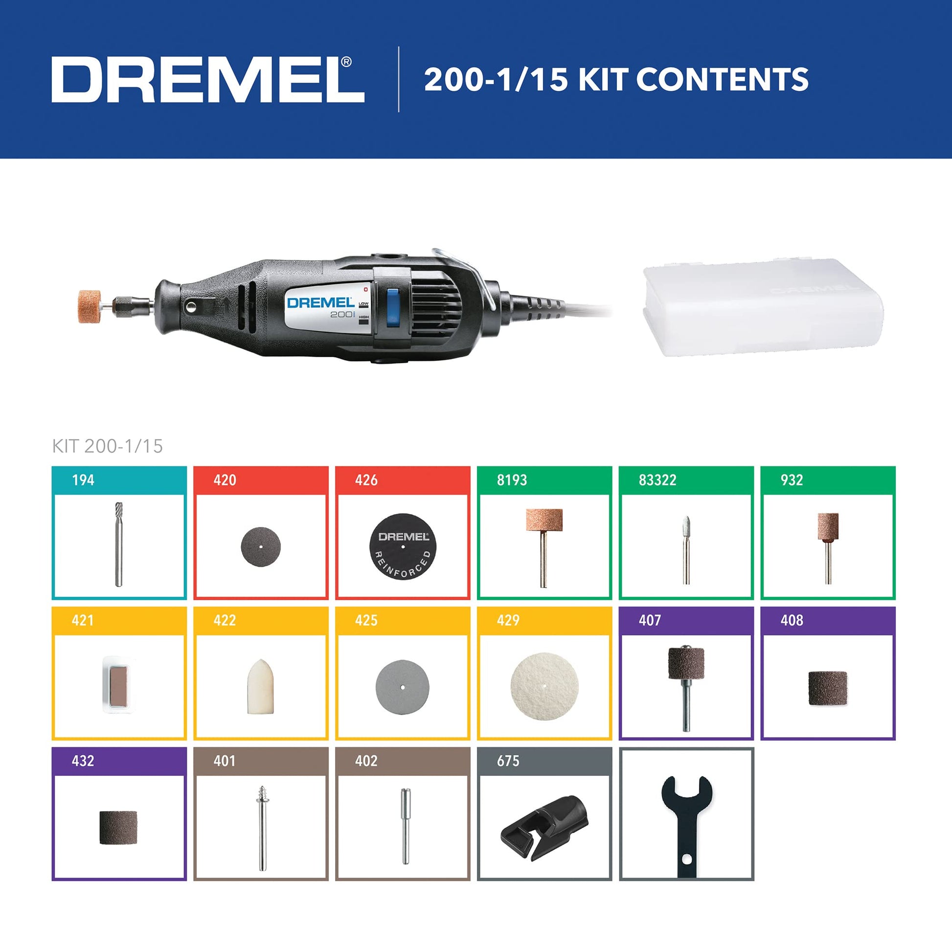 Dremel 200-1/15 Two-Speed Rotary Tool Kit with 1 Attachment 15 Accessories - Hobby Drill, Woodworking Carving Tool, Glass Etcher, Small Pen Sander, - WoodArtSupply