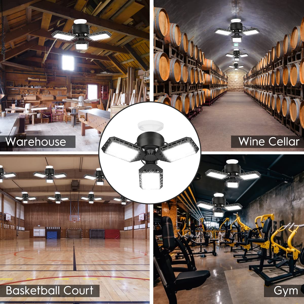 4 Pack Led Garage Lights, 60W Deformable Garage Ceiling Light 8000lm E26 Basement Lights with 3 Adjustable Led Panels 270° – Fits for Garage, CHAREADA