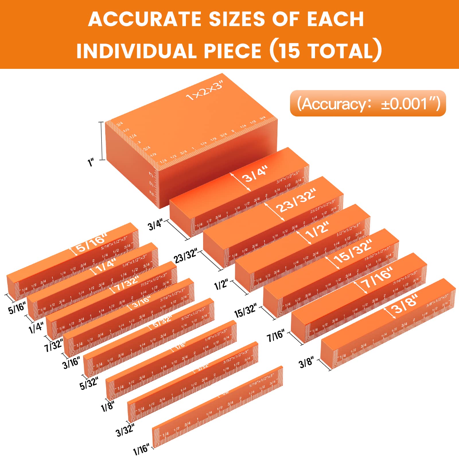 Neitra Setup Blocks Woodworking - 15 PCS Aluminum Height Gauge Blocks Set - Woodworking Measuring Tools Precision Setup Bars for Router and Table Saw - WoodArtSupply