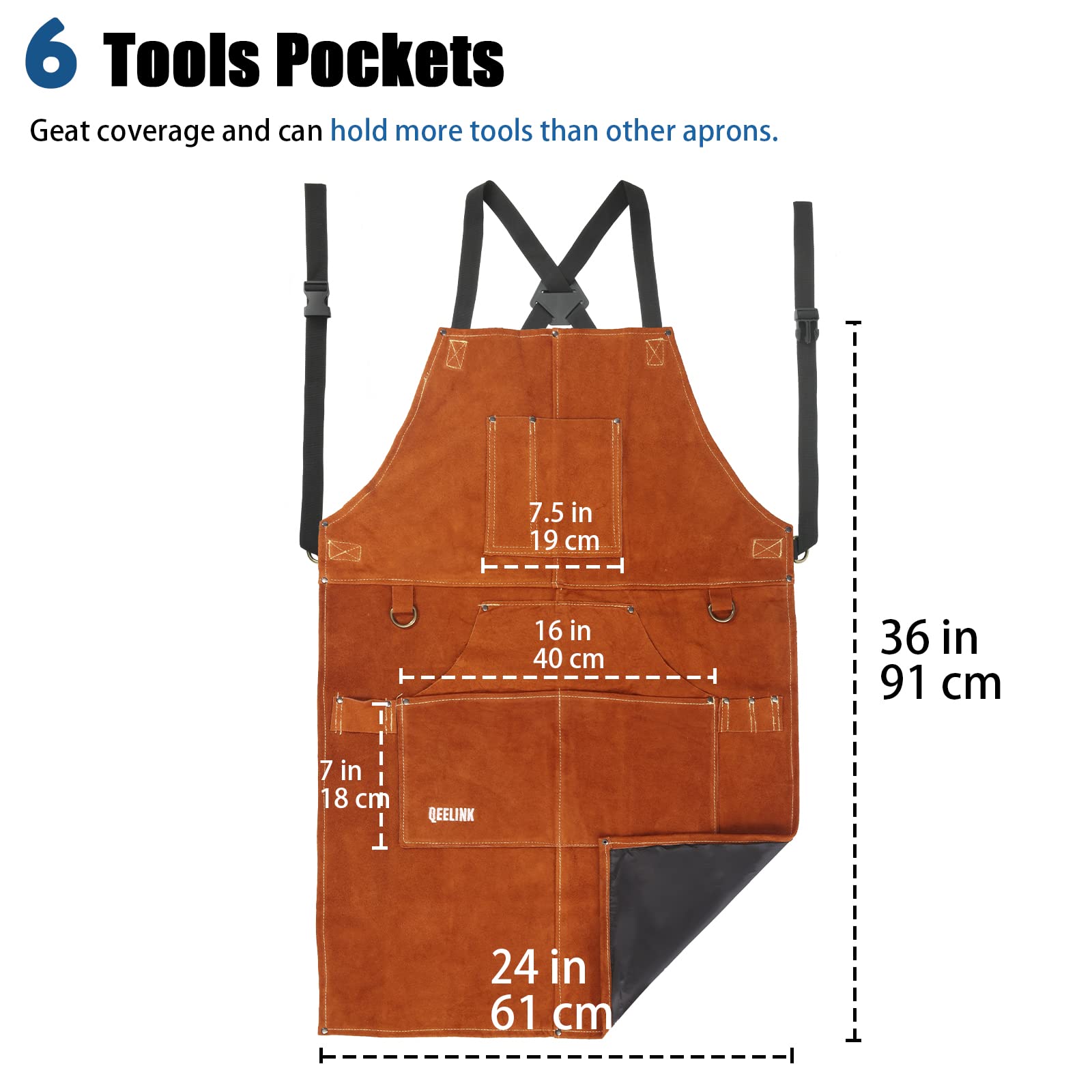 QeeLink Leather Welding Work Shop Apron with 6 Tool Pockets, Heat & Flame Resistant Cowhide Heavy Duty Blacksmith Apron, 24" x 36", Adjustable M to - WoodArtSupply