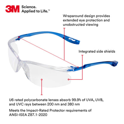 3M Safety Glasses, Virtua Sport CCS, 20 Pack, ANSI Z87, Anti-Fog, Anti-Scratch, Clear Lens, Blue Frame, Corded Ear Plug Control System