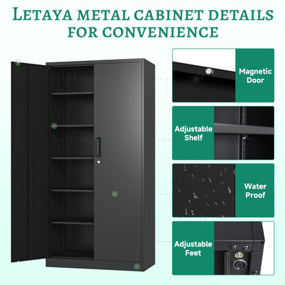 Letaya Metal Storage Cabinets with Lock, Tall Locker Organizer Steel Cabinets, Adjustable Layers Shelves 2 Doors for Home, Office,