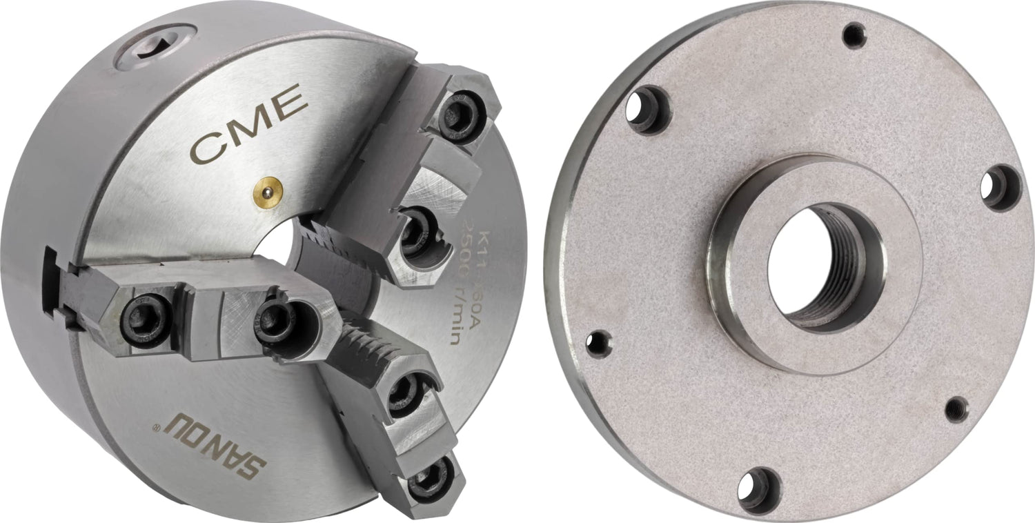 CME 6" 3-Jaw Self-Centering (Scroll) Lathe Chuck with 1 1/2"-8 Threaded Backing Plate, Two-Piece Reversible Jaws CME Tools