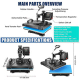 HIFRRUY 5 in 1 Heat Press Machine 12x15 Inch T-Shirt Press Machine Sublimation Heat Press 360° Swing Away Digital Heat Transfer Combo for Shirt Cap HIFRRUY