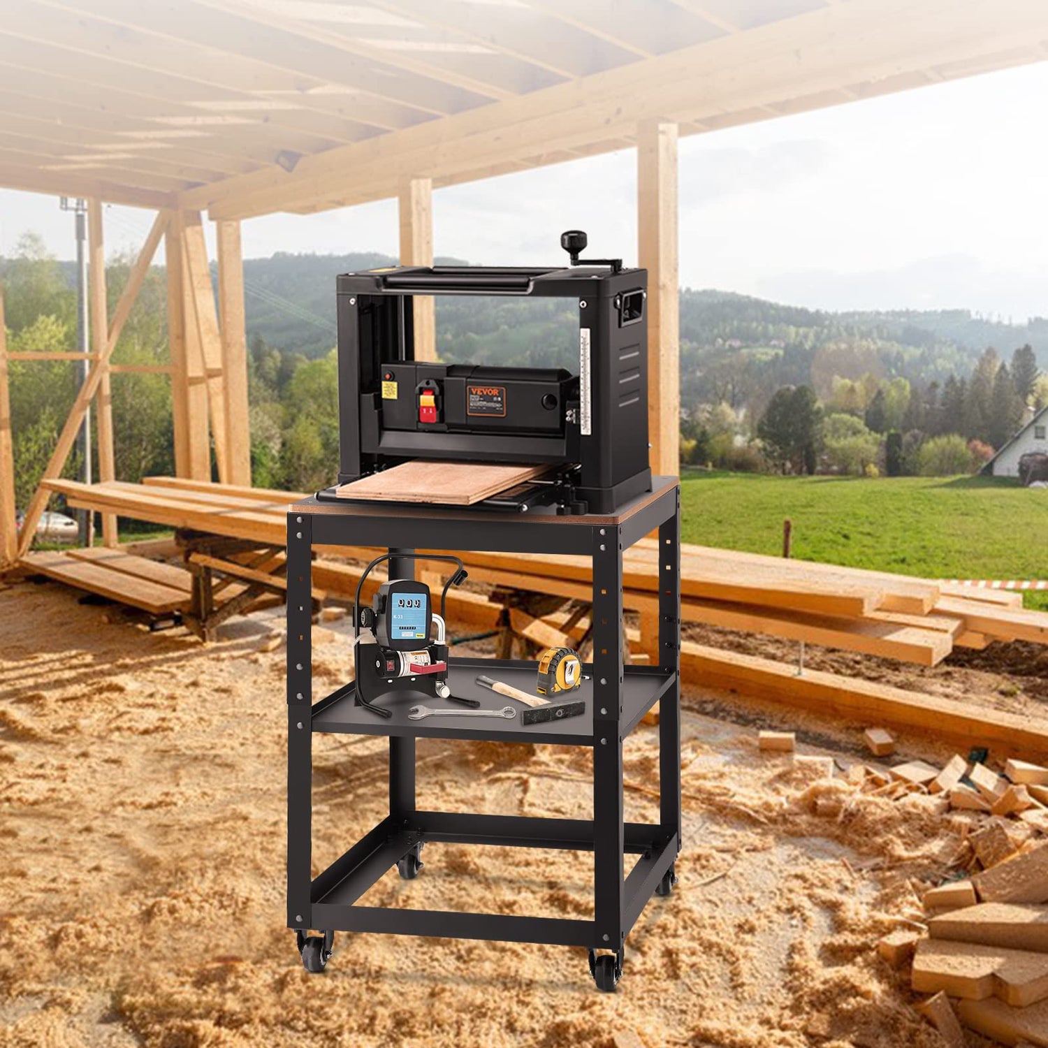 VEVOR Thickness Planer Stand, 100 lbs heavy loads, Three-Gear Height Adjustable Thickness Planer Table,with 4 Stable Casters & Storage Space, for VEVOR