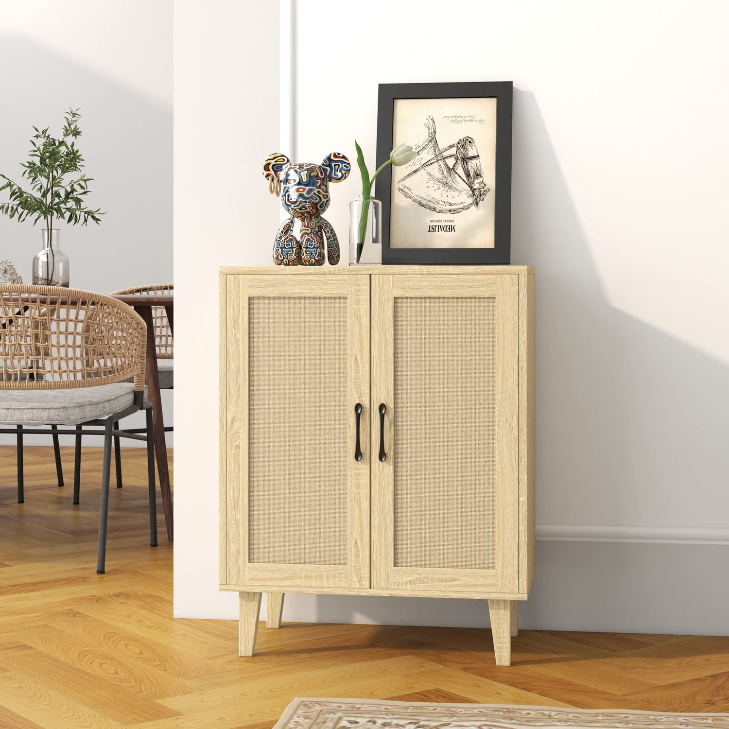 Panana Buffet Cabinet Sideboard with Rattan Decorated Doors Kitchen Storage Cupboard Accent Cabinet (Natural Wood) Panana