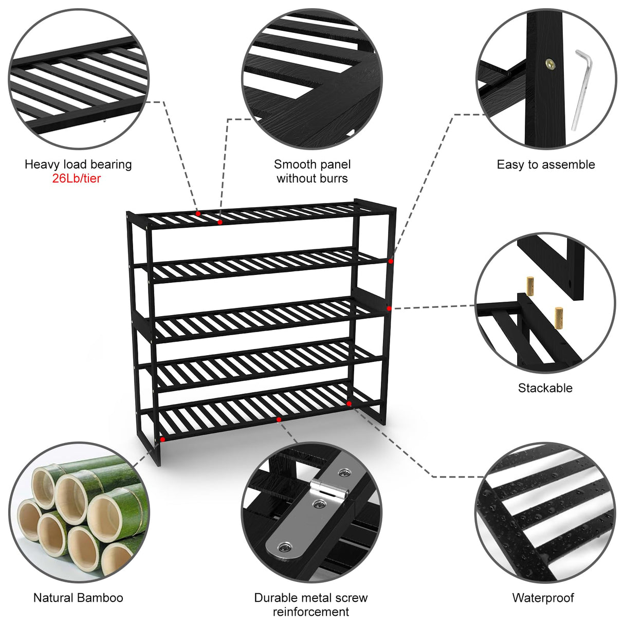 Jripae Shoe Rack Bamboo 5 Tier Shoe Organizer, Storage 20-25 Pairs for Closet Entryway, Stackable Large Tall Shoe Shelf Holder Stand Cubby for Door Jripae