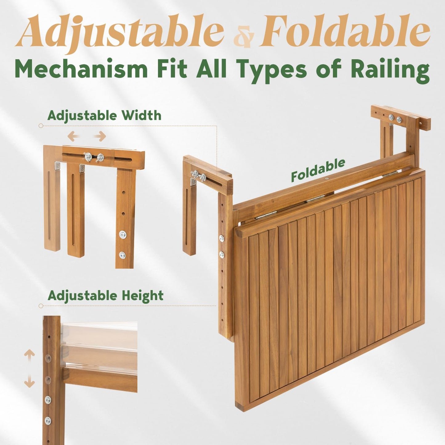 Idzo FSC Acacia Wood Folding Balcony Bar Table for Railings, Adjustable Height & Width, Teak Brush Finish Durable Against Weather, Ideal Spacious