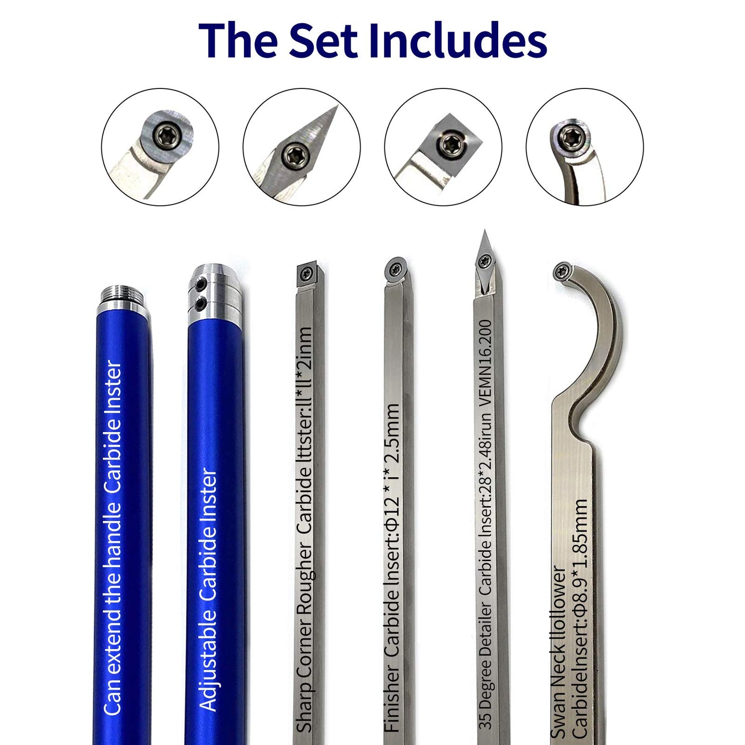 Carbide Wood Lathe Tools, Woodturning Tools Wood Lathe Turning Tool Set, with Round/Square/Diamond Insert and Interchangeable Aluminum Alloy Grip CDIYTOOL