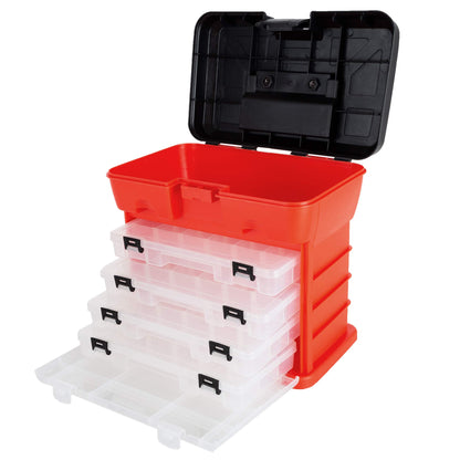 Storage Tool Box - Portable Multipurpose Organizer With Main Top Compartment and 4 Removable Multi-Compartment Trays by Stalwart,Red,11 in x 7 in x - WoodArtSupply