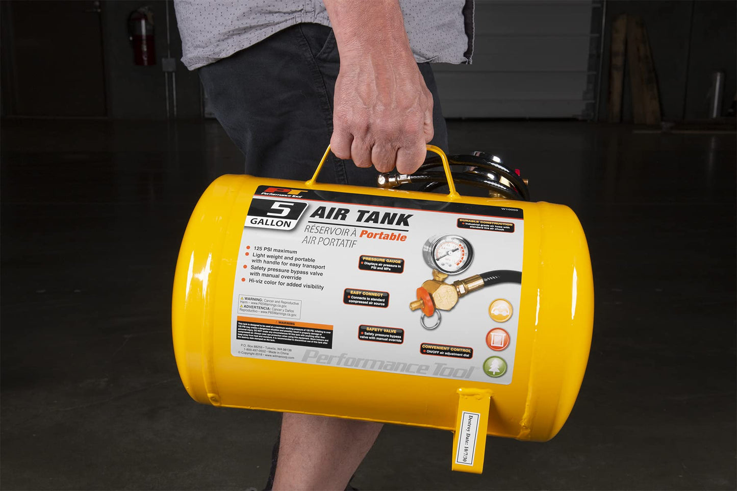 Performance Tool W10005 Hi-viz 5-Gallon Horizontal Portable Air Tank With Tire Air Chuck , Yellow - WoodArtSupply