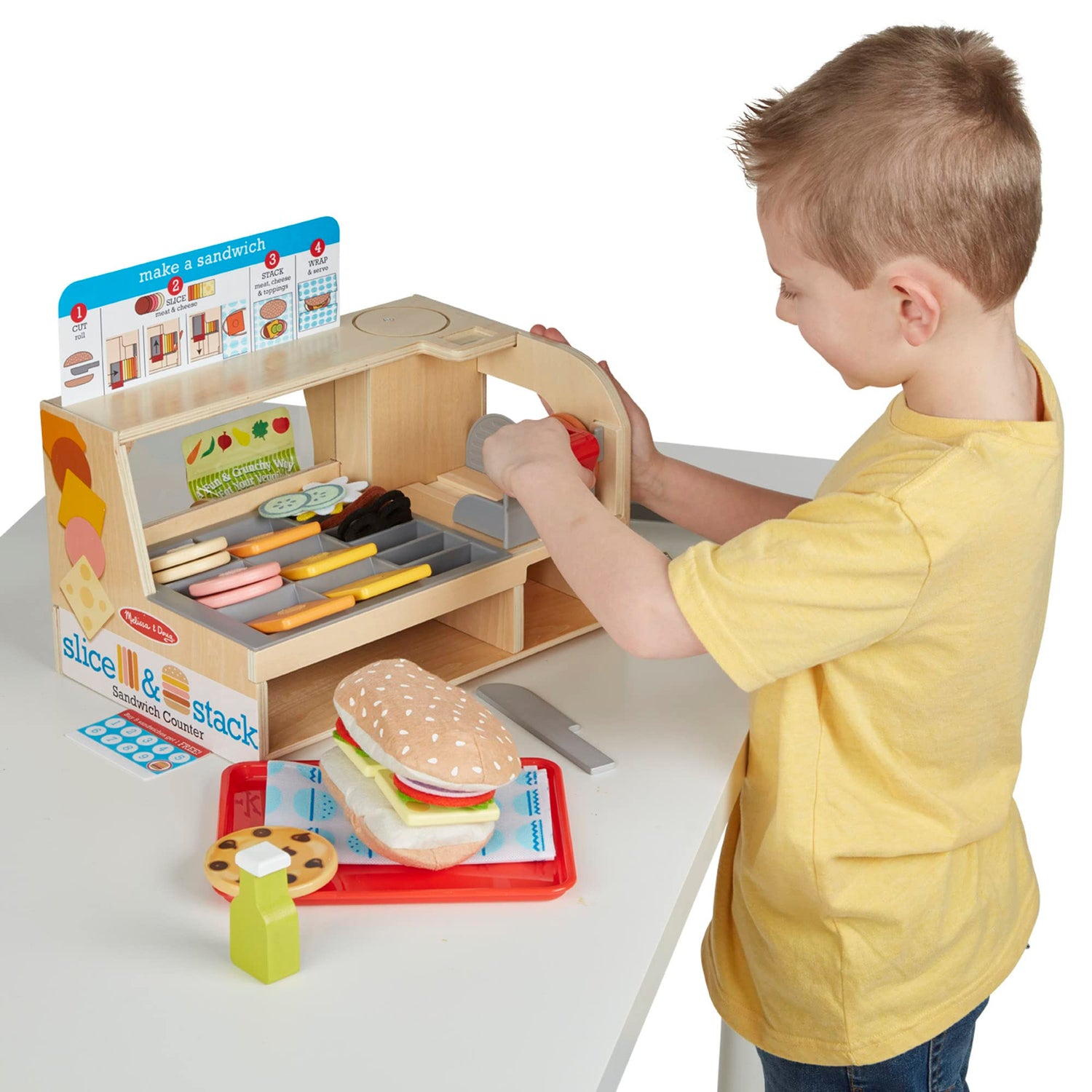 Melissa & Doug Wooden Slice & Stack Sandwich Counter with Deli Slicer – 56-Piece Pretend Play Wooden Food Toys, Kitchen Food Set For Toddlers And Melissa & Doug