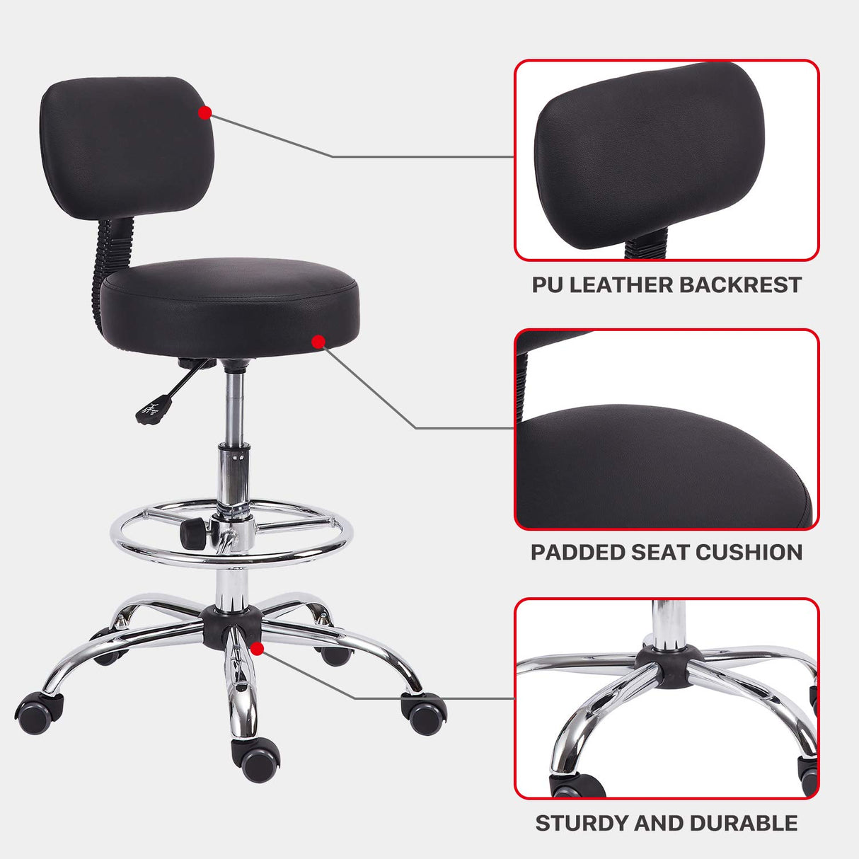 KLASIKA Drafting Swivel Chair with Back Support and Adjustable Footrest Rolling Stool, Multi-Purpose Office Desk Chair for Bar Kitchen Shop, Black KLASIKA