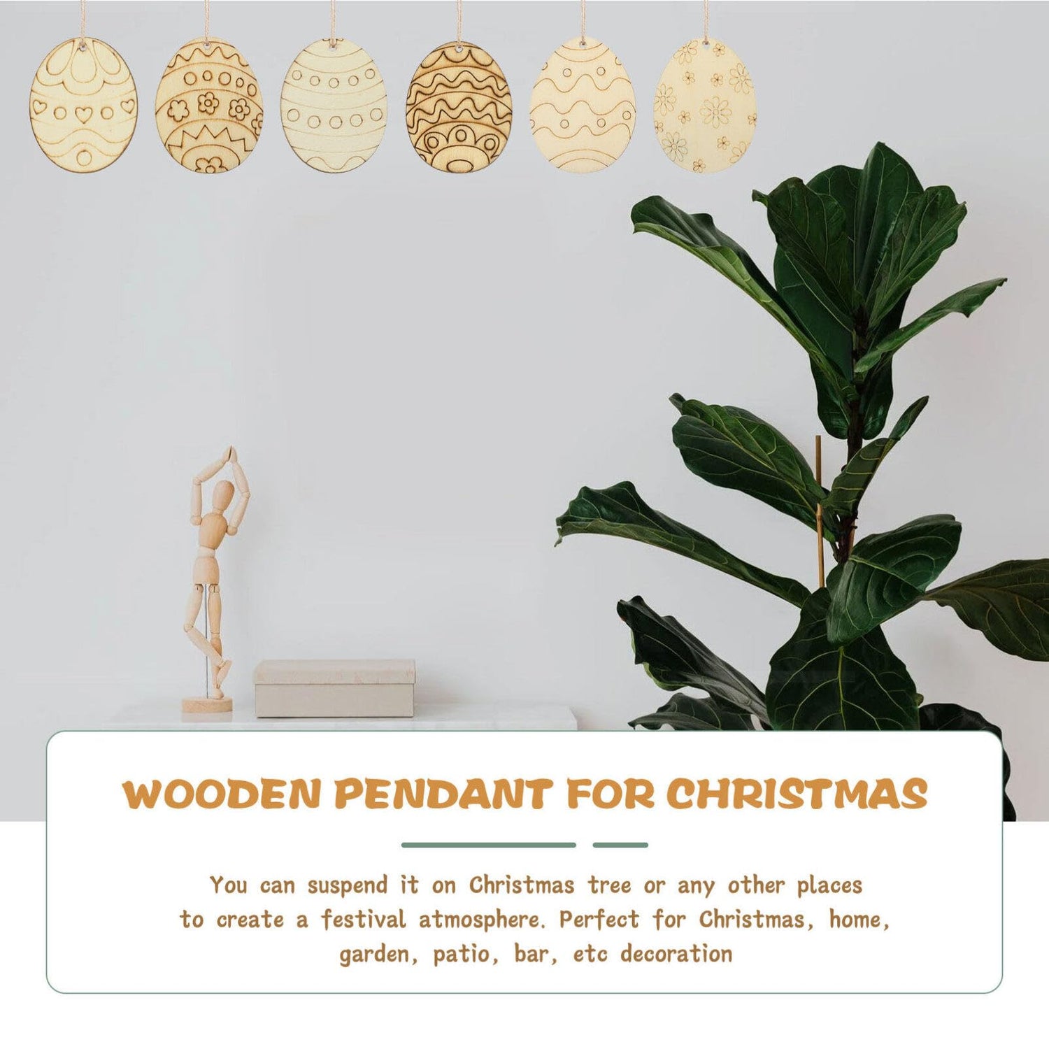 VILLCASE 60pcs Easter Egg Wooden Cutout Unfinished Wood Slice DIY Paint Crafts Hanging Embellishment with Ropes for Kids Painting Easter Party VILLCASE