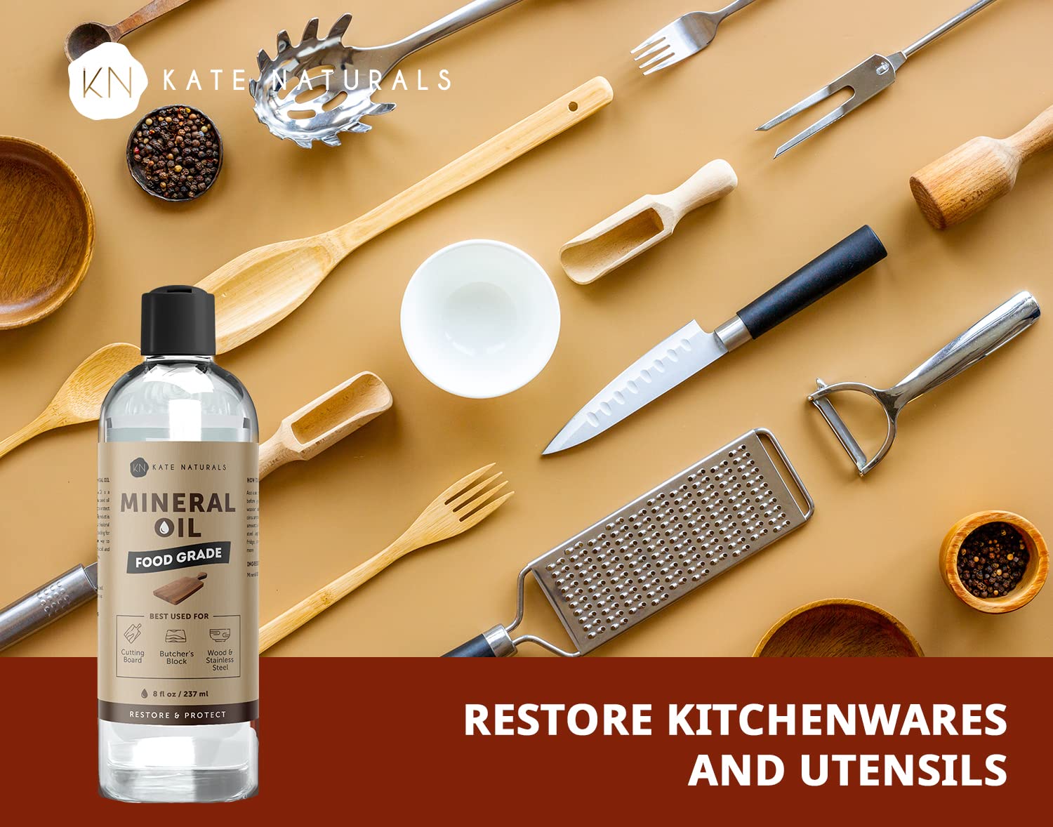 Mineral Oil for Cutting Board 8oz - Kate Naturals. Food-Grade & Food Safe Mineral Oil to Protect Wood on Cutting Boards & Butcher Blocks Kate Naturals