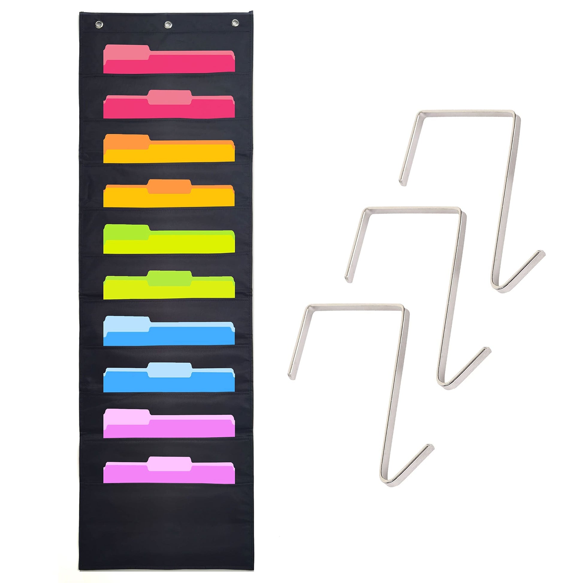 Black Pocket Chart for Classroom - 10 Pocket Storage Rainbow Pocket Charts , 2 Over Door Hangers Included, Hanging Wall File Organizer for File - WoodArtSupply