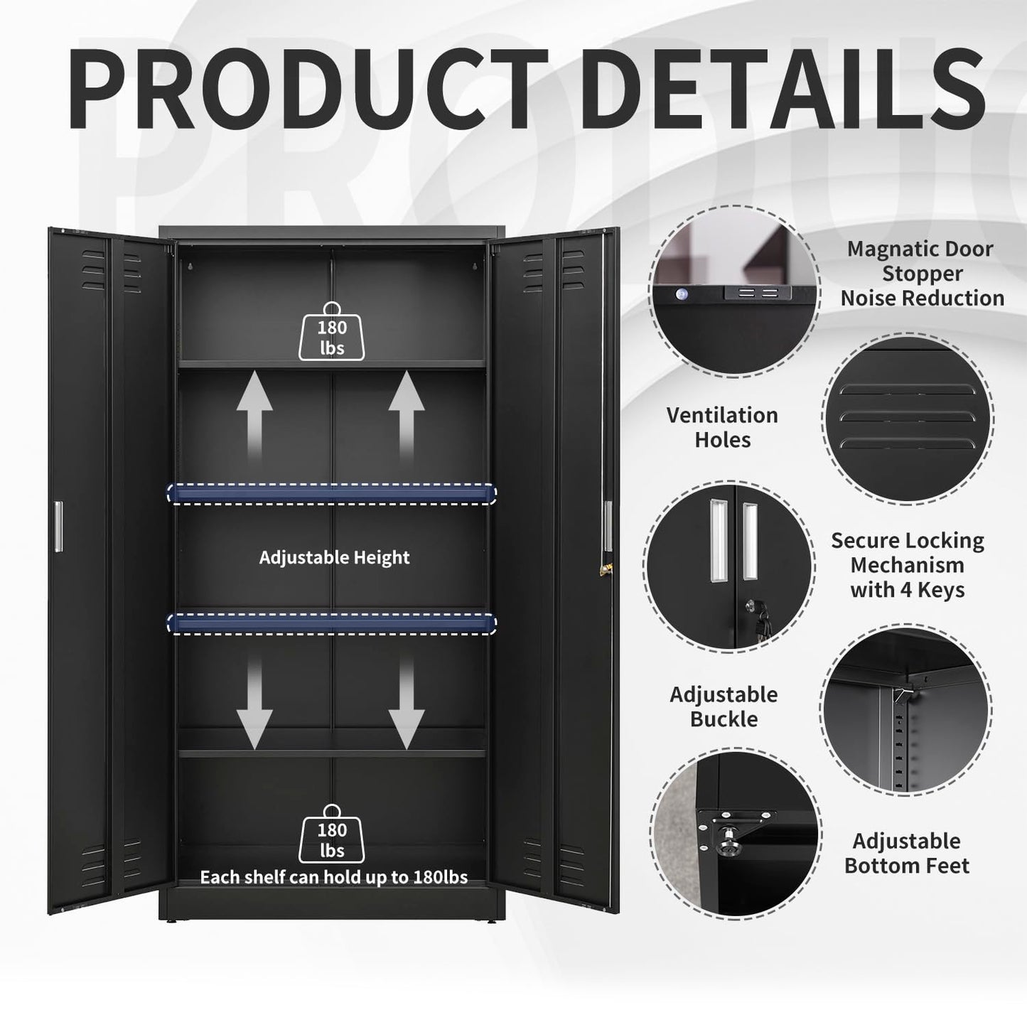 YEEZER Metal Storage Cabinet 72" Garage Storage Cabinet with Doors, 4 Adjustable Shelf Height & Steel Lockable File Cabinet, Tool Cabinets for - WoodArtSupply