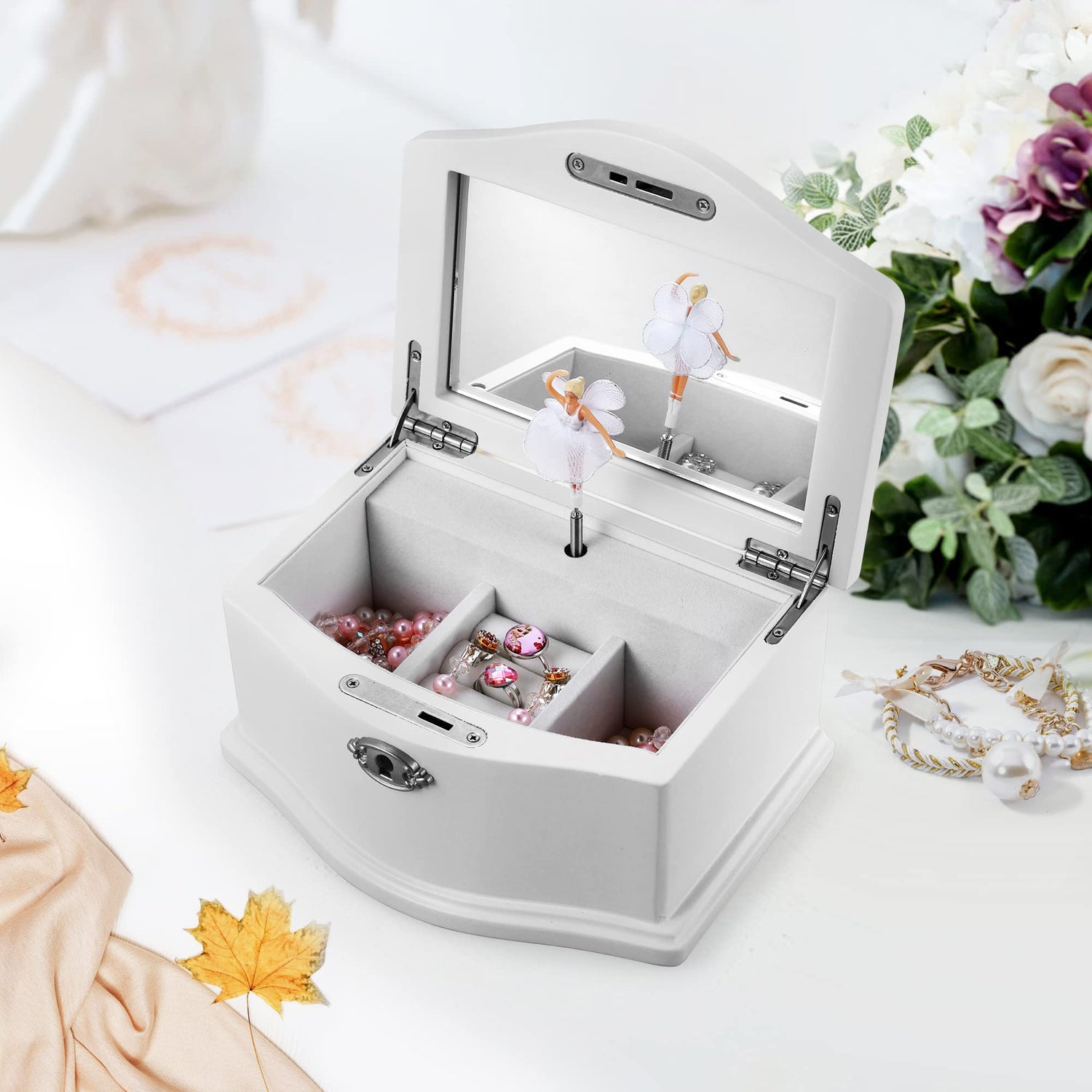 Jozen Gift Wooden Ballerina Medium White Musical Jewelry Box with Mirror for girls，Kid's Jewelry Storage Music Box Jozen Gift