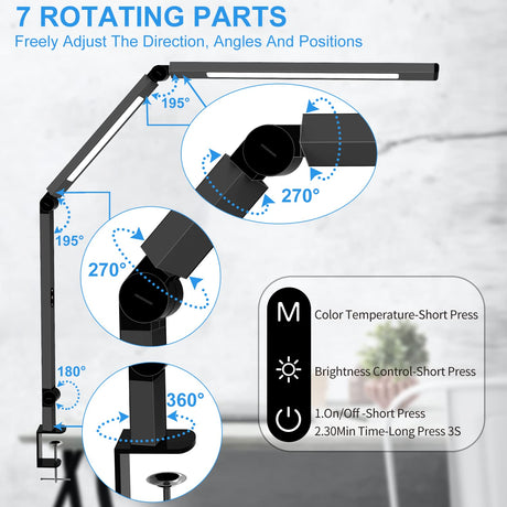 LED Desk Lamp with Clamp, Architect Desk Lamp with Dual Light and Adjustable Swing Arm, Clip-on Eye-Care 4 CCT Modes & 5 Brightness Levels Table Micomlan