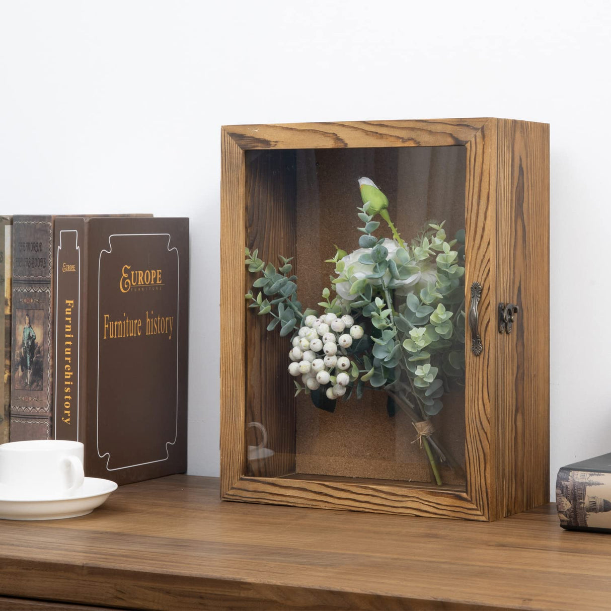 MyGift 11 x 14 Rustic Burnt Wood Wall Mounted Shadow Box Frame Cabinet with Clear Acrylic Paneled Cursive Hinged Door MyGift