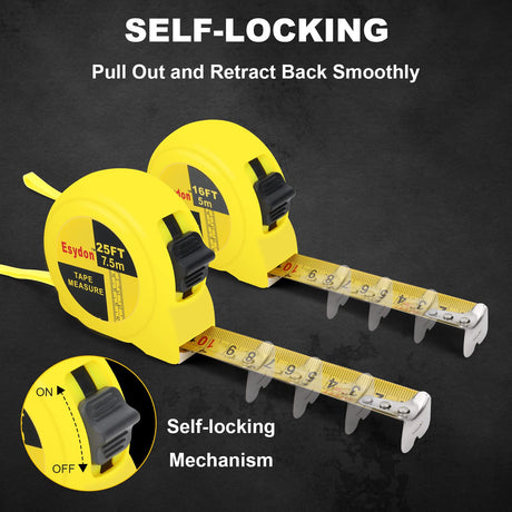 2 Packs Tape Measure 25 ft /16 ft, Esydon Measuring Tape Retractable, Self-Locking Tape Measurer, Easy Read Imperial/Metric Scale Measurement Tape Esydon