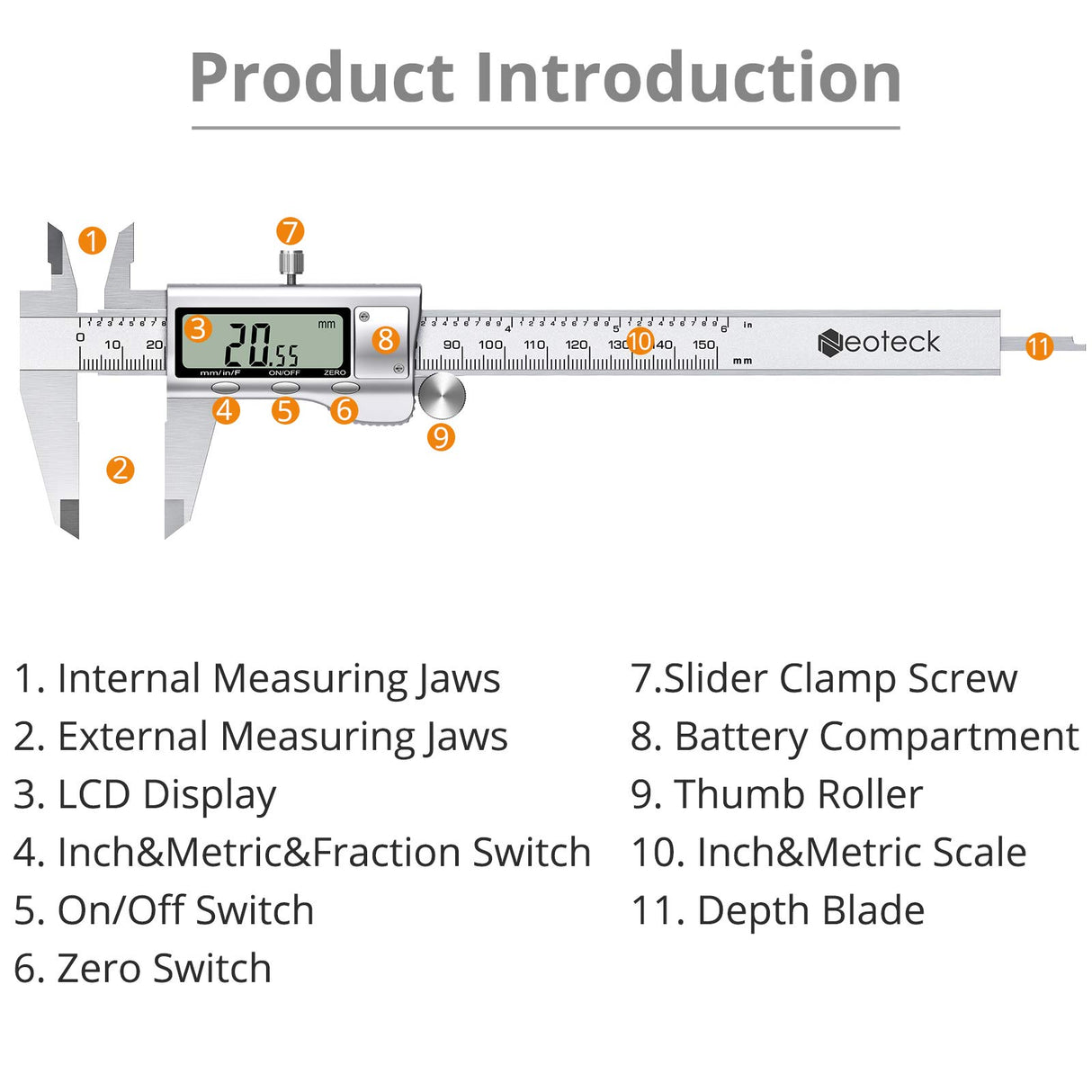 Neoteck 6 inch Digital Caliper, Full-Metal Electronic Calipers Measuring Tool Fractions/Inch/mm Conversion Neoteck