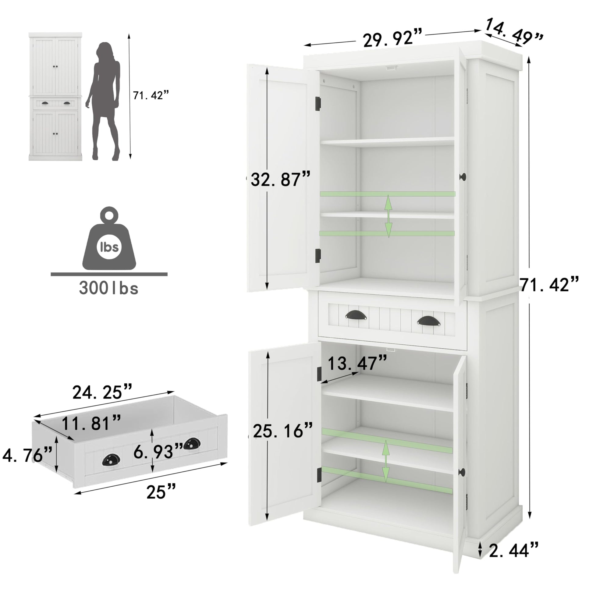 OQSC 72" Freestanding Kitchen Pantry Cabinet White Pantry Storage Cabinet, Tall Storage Cabinets with Doors and Shelves for Kitchen, Large Kitchen - WoodArtSupply