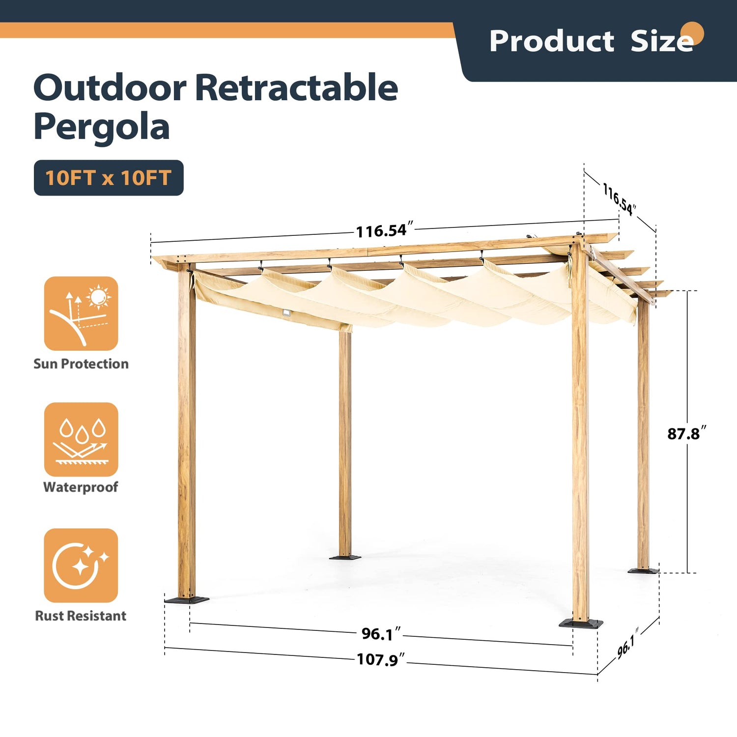 HAPPATIO 10' X 10' Wood-Grain Aluminum Pergola - Adjustable Sun Shade Canopy with Retractable Roof for Backyard, Deck, Patio, by The Pool （Beige） HAPPATIO