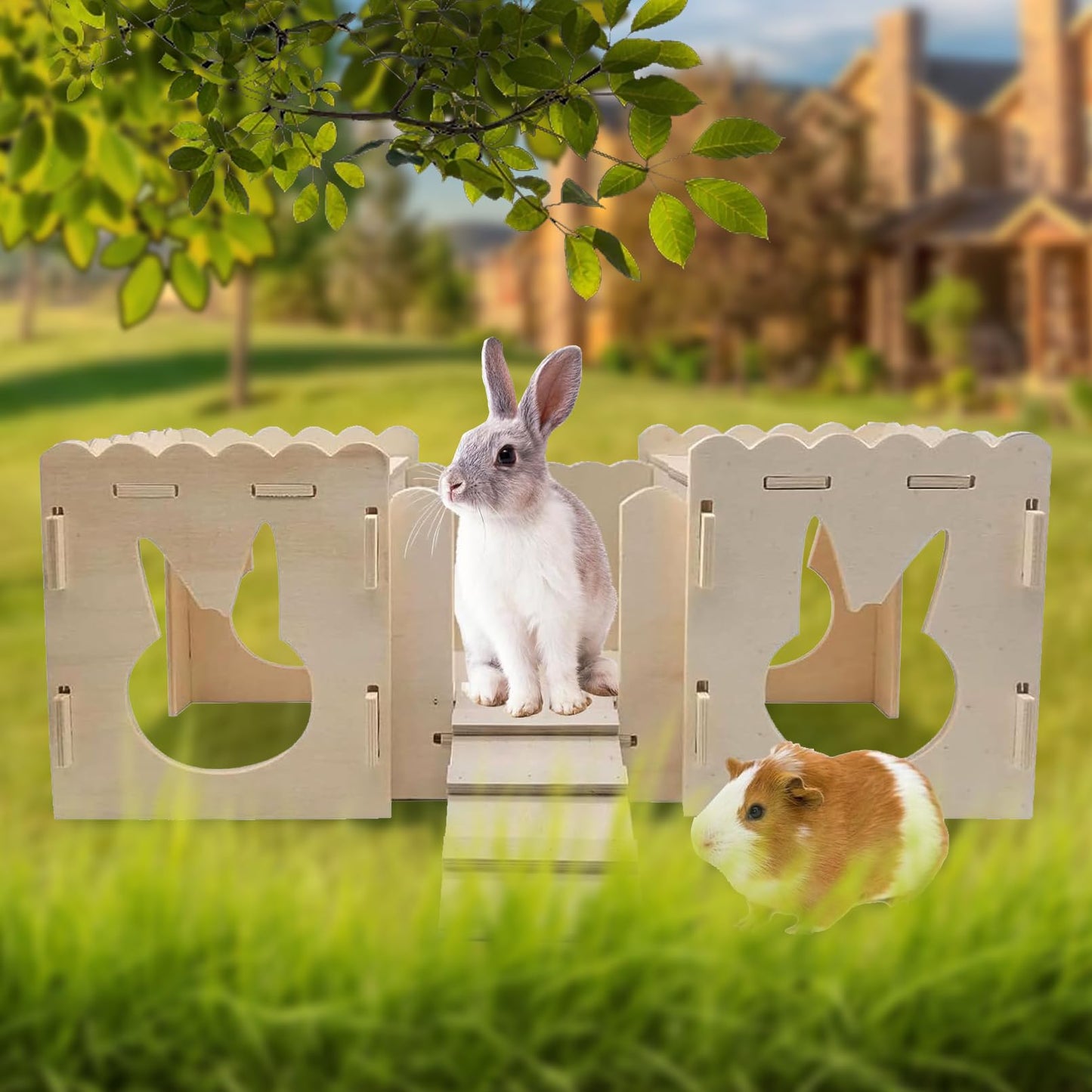 kathson Bunnyt Wooden Castle Guinea Pig Hideout Bunny Play House Detachable Hideaway Hut Small Animals Habitat for Dwarf Rabbit Guinea Pig Chinchilla - WoodArtSupply