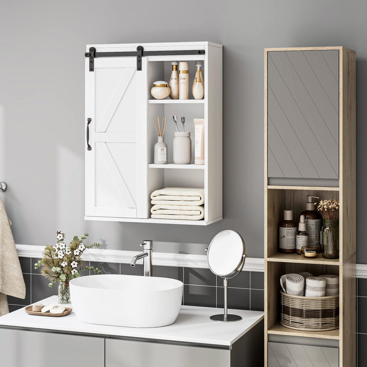 HOSTACK Bathroom Cabinet Wall Mounted, Farmhouse Medicine Cabinet with Sliding Barn Door & Adjustable Shelf, Over The Toilet Storage Cabinet for HOSTACK