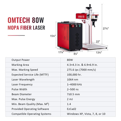 OMTech 80W Fiber Laser Marking Machine, LightBurn Compatible MOPA Laser Engraver with 4.3x4.3 and 7x7 Lenses for Metal Color Marking, Solid State