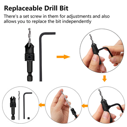 MulWark 82° Countersink Drill Bit Set incl. 5pcs Free Replaceable HSS Drill Bits for Wood｜3/8" Quick-Change -Chamfered Adjustable Drilling Tool Kit - WoodArtSupply