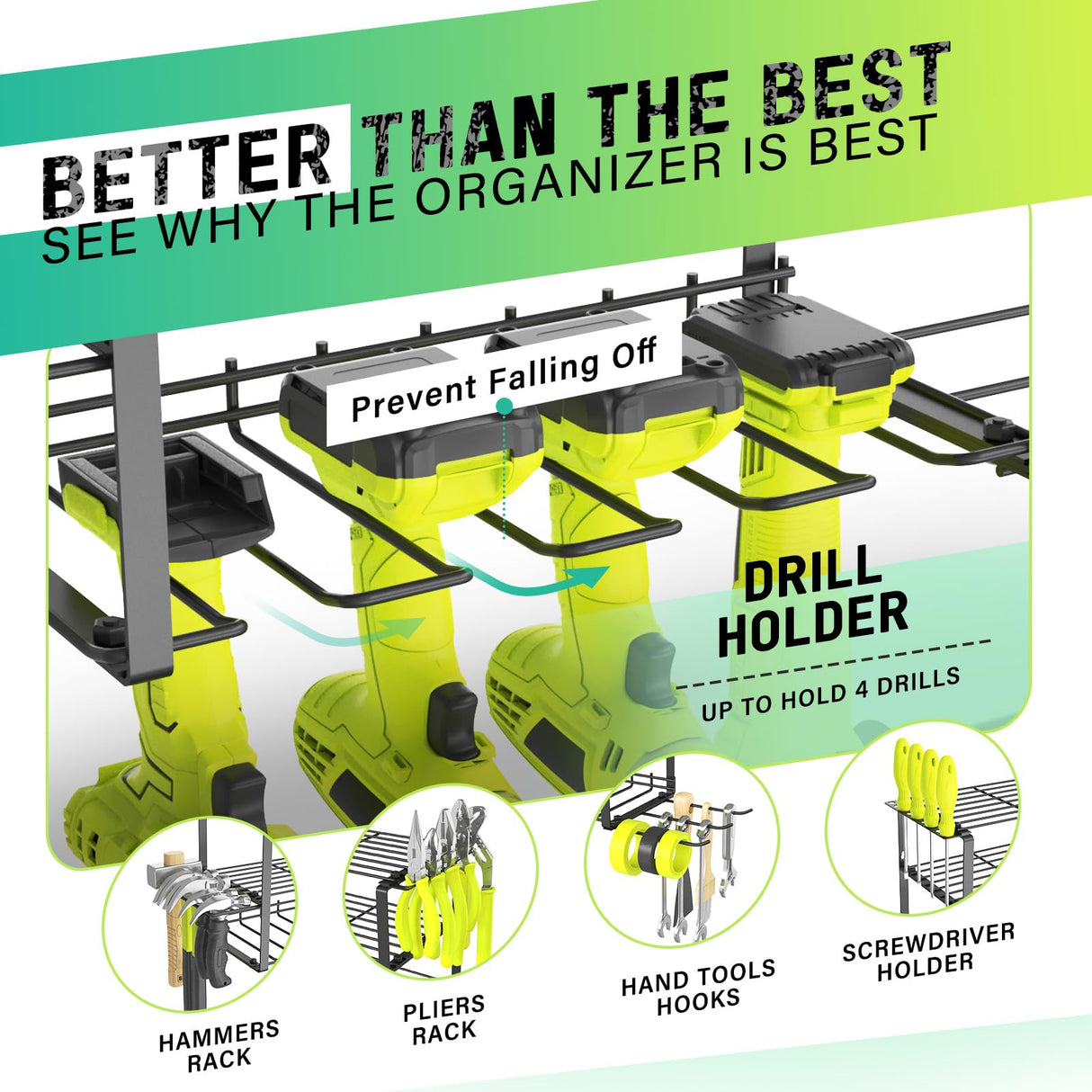 SUNALLY Power Tool Organizer, 4 Drill Holder Wall Mount, Garage Tool Organizer and Storage with Screwdriver Holder, Garage Organization, 4 Layer SUNALLY