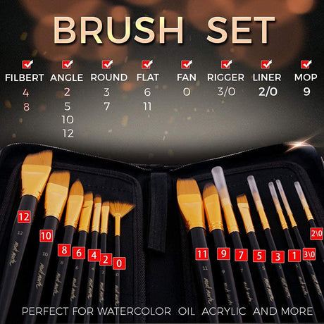 Mont Marte Art Paint Brushes Set, Great for Watercolor, Acrylic, Oil-15 Different Sizes Nice Gift for Artists, Adults & Kids Mont Marte