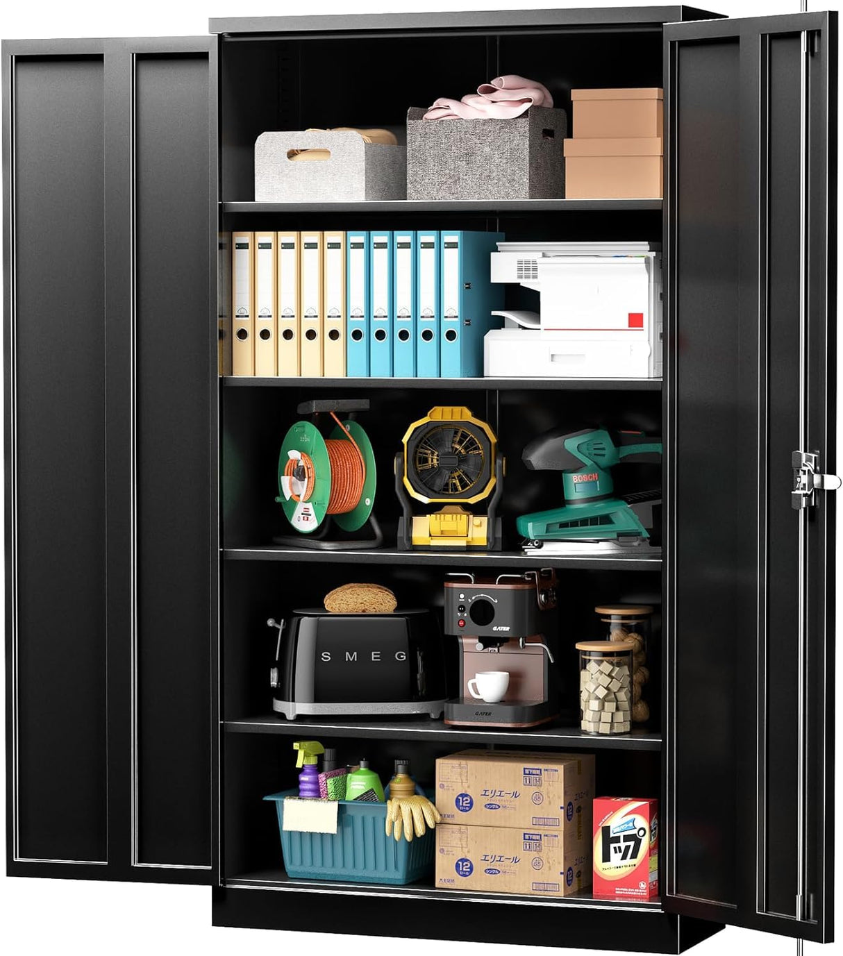 INTERGREAT Metal Storage Cabinet with Lock, 72" H Garage Storage Cabinets with Doors and Adjustable Shelves, Black Lockable Steel Supply Cabinet for INTERGREAT
